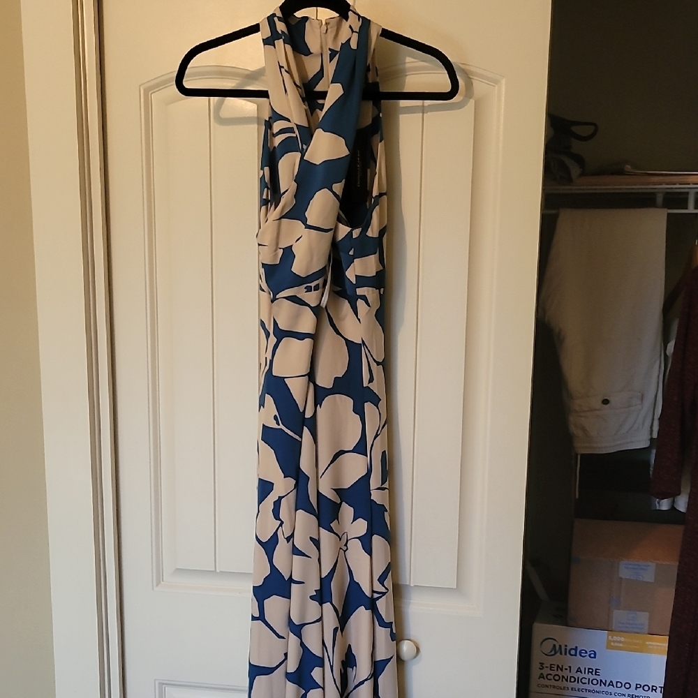 Blue and Cream Floral Halter Dress